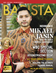 Cover of June + July 2024 issue of Barista Magazine featuring Mikael Jasin of Indonesia.