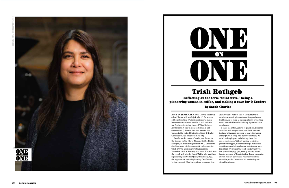 Two-page spread from the June + July 2024 issue of One on One with Trish Rothgeb. A portrait of Trish is on the left.