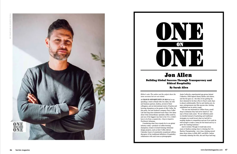 One on One with Jon Allen opening spread from the August + September 2024 Issue of Barista Magazine