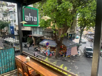 The balcony of Aha Cafe, located in Hanoi, Vietnam’s Old Quarter.