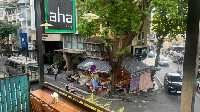 The balcony of Aha Cafe, located in Hanoi, Vietnam’s Old Quarter.