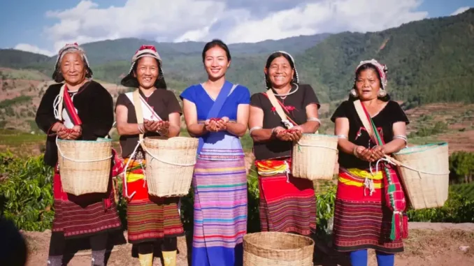 Five women in traditional Chinese dresshold hold out cupped hands holding ripe coffee cherries.