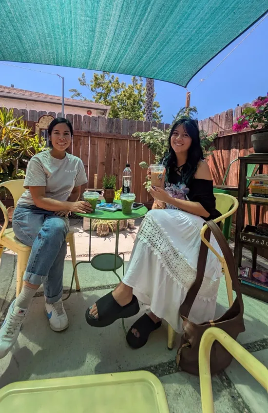 Linda and the author sip matcha and coffee in L.A.