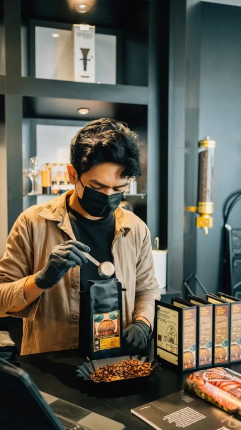 A masked barista measures out coffee beans.