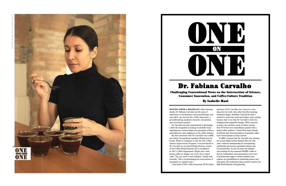 One on one opening spread with a portrait of Dr. Fabiana Carvalho.