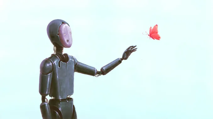 A humanoid robot reaches out to a pink butterfly.