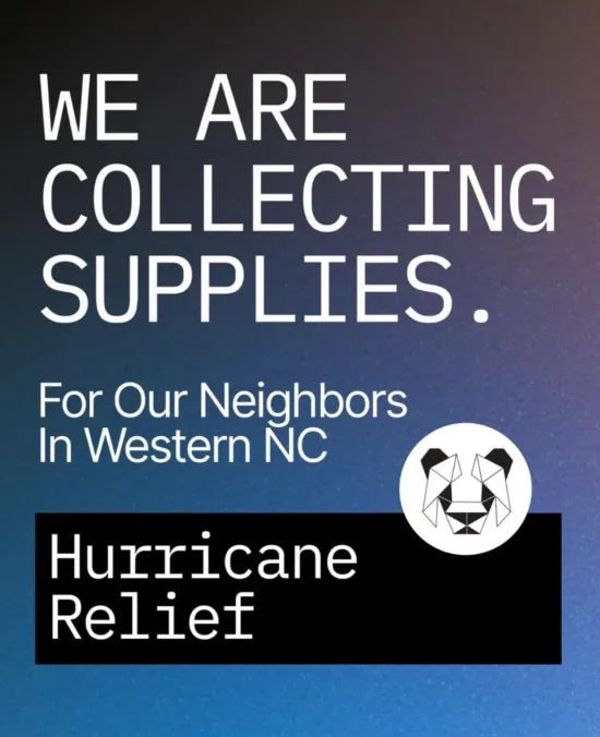 Black & White Coffee sign announcing they are collecting supplies for neighbors in Western North Carolina, for hurricane relief.