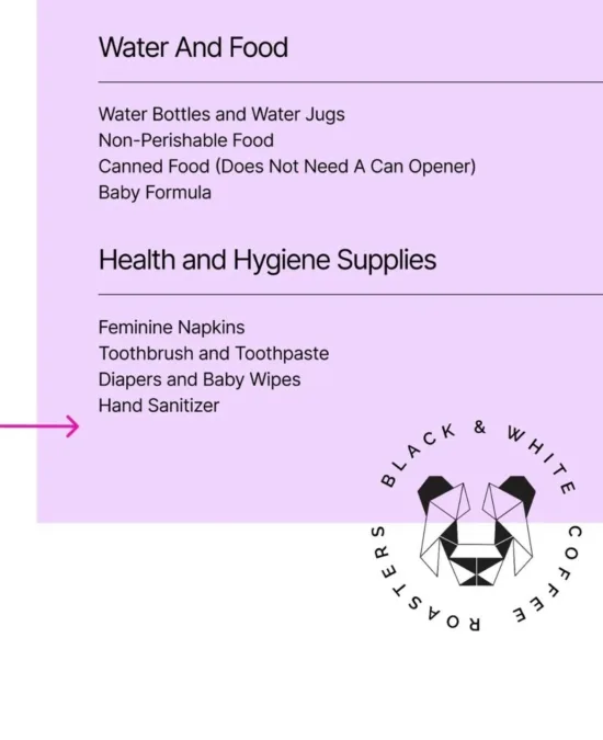 List of supplies needed: water and food, health and hygiene items.