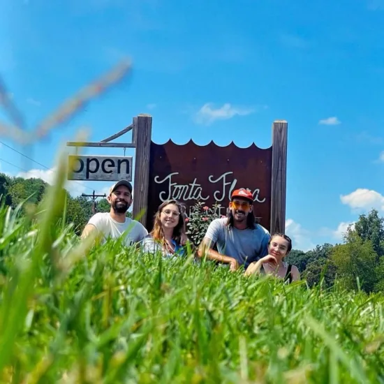 Four people sit together in tall grass.