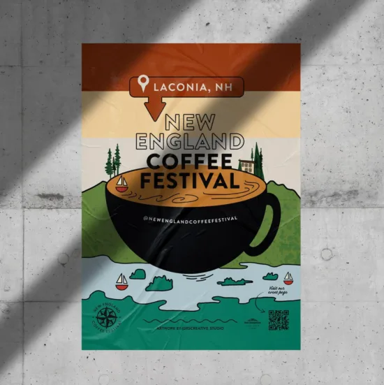 A poster with a large black cup set on a riverbank, with small sailboats on the river below it.