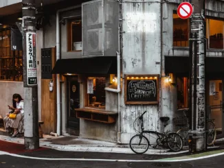 A street corner with a cafe, bicycle, and signage.