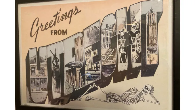 Greetings from Utrecht sign with skeleton.